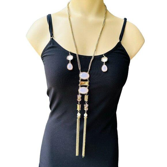 Vintage CHICO'S Necklace Earrings‎ Two Tone Pale Pink Crystal Long Tassel 23" - Picture 2 of 11